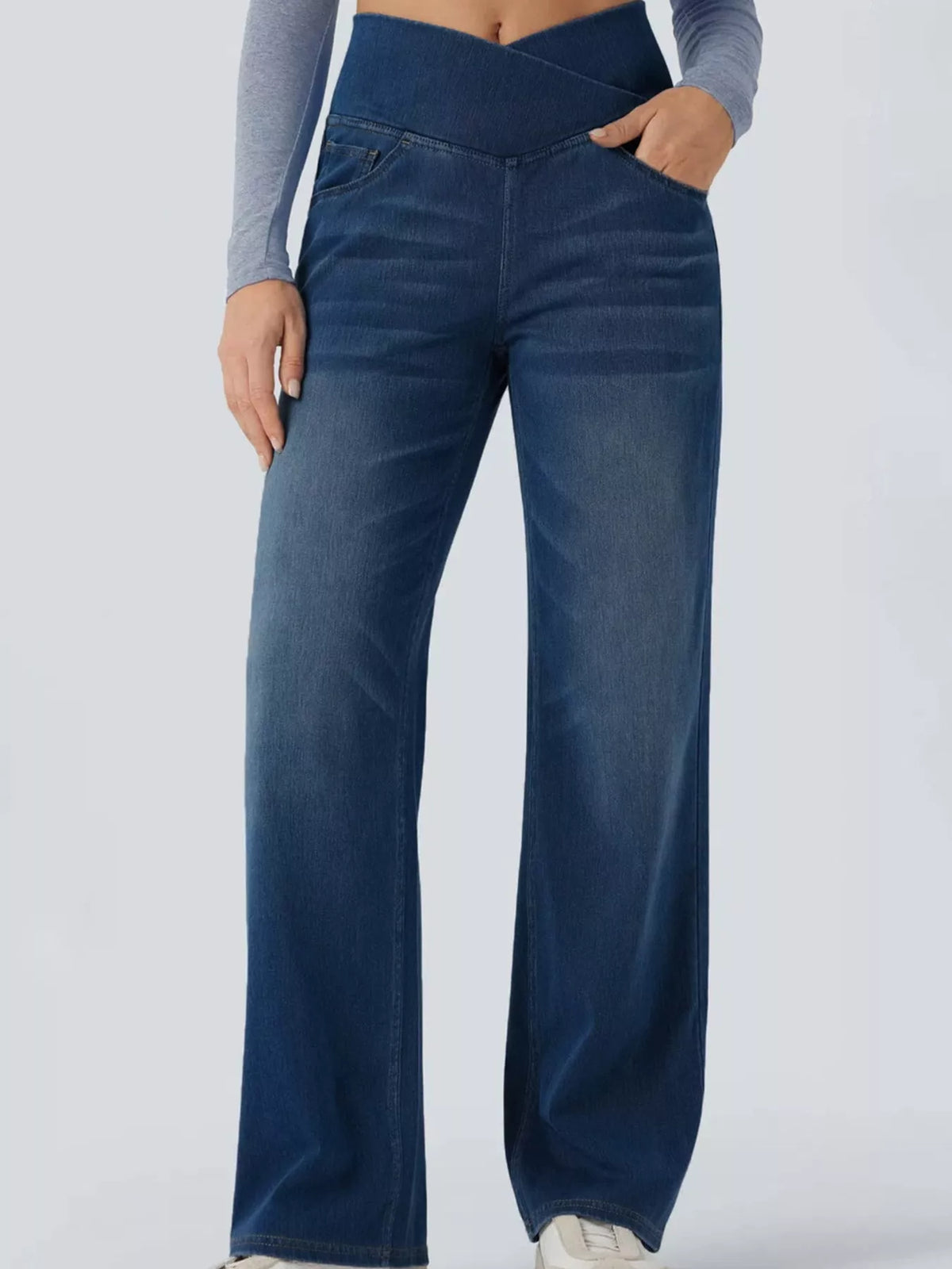 High-Waisted Crossover Straight-Leg Jeans, front view