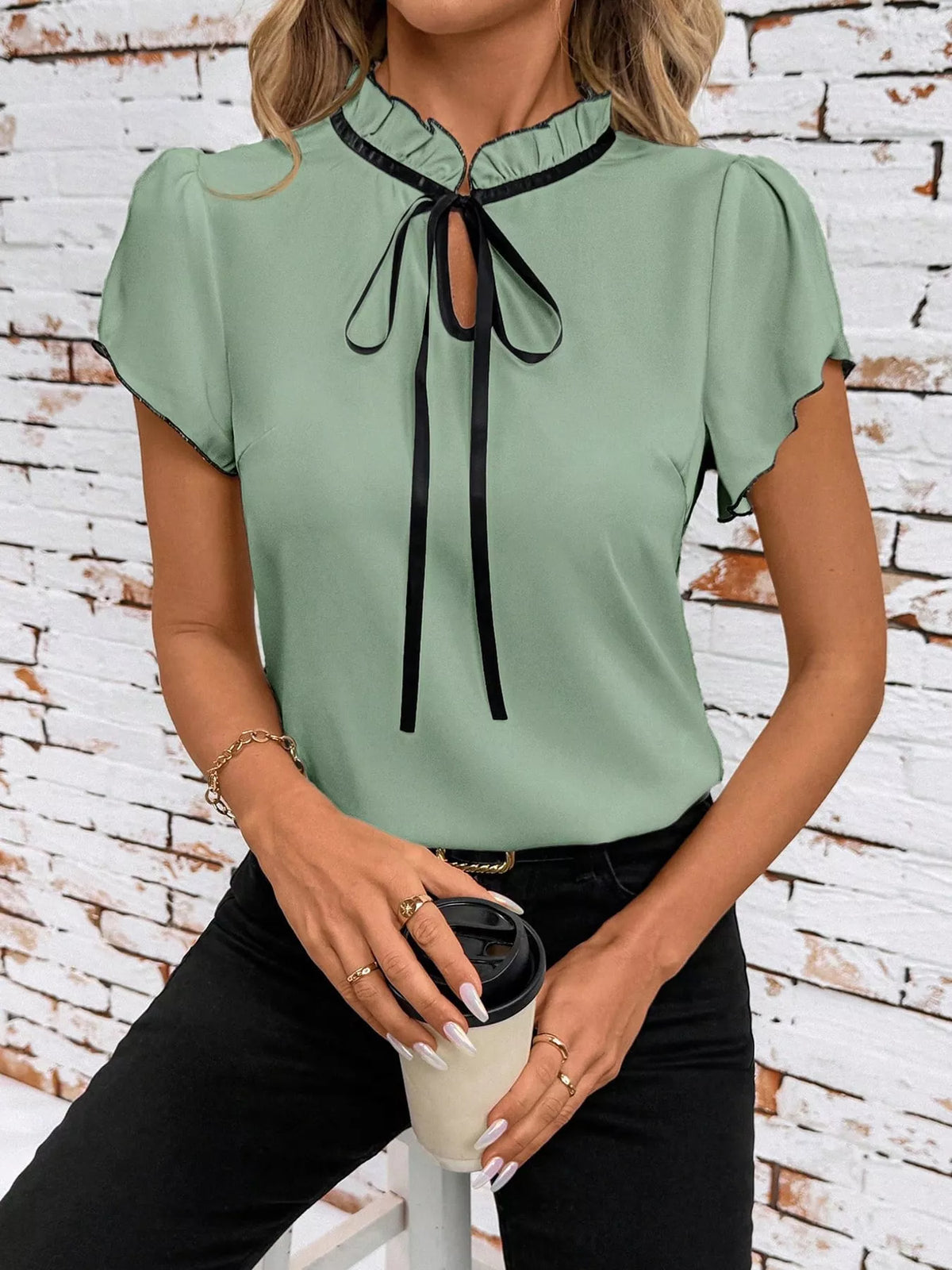 Contrast Trim Ruffle Sleeve Tie-Front Blouse, detail view in green and black