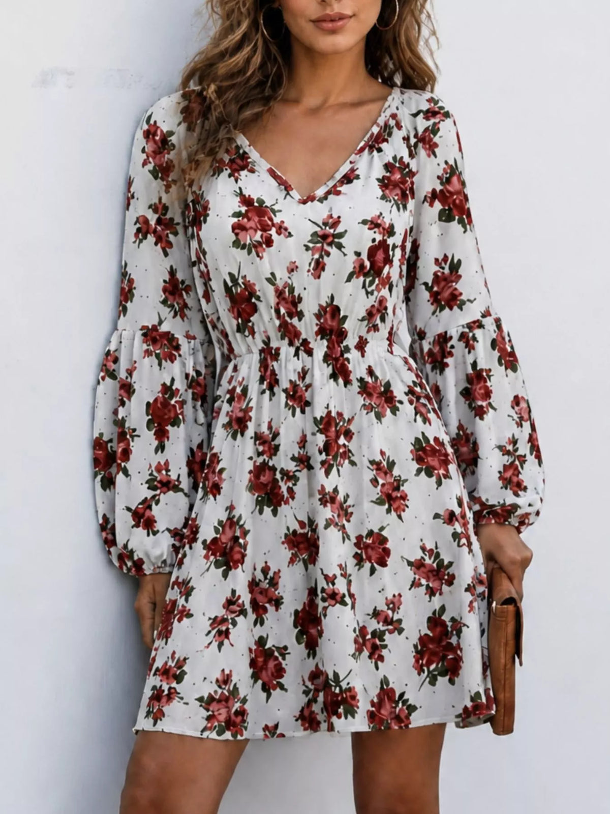 White floral print v-neck long sleeve mini dress