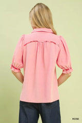 Trendsi Umgee Scalloped Trim Blouse with Puff Sleeves -