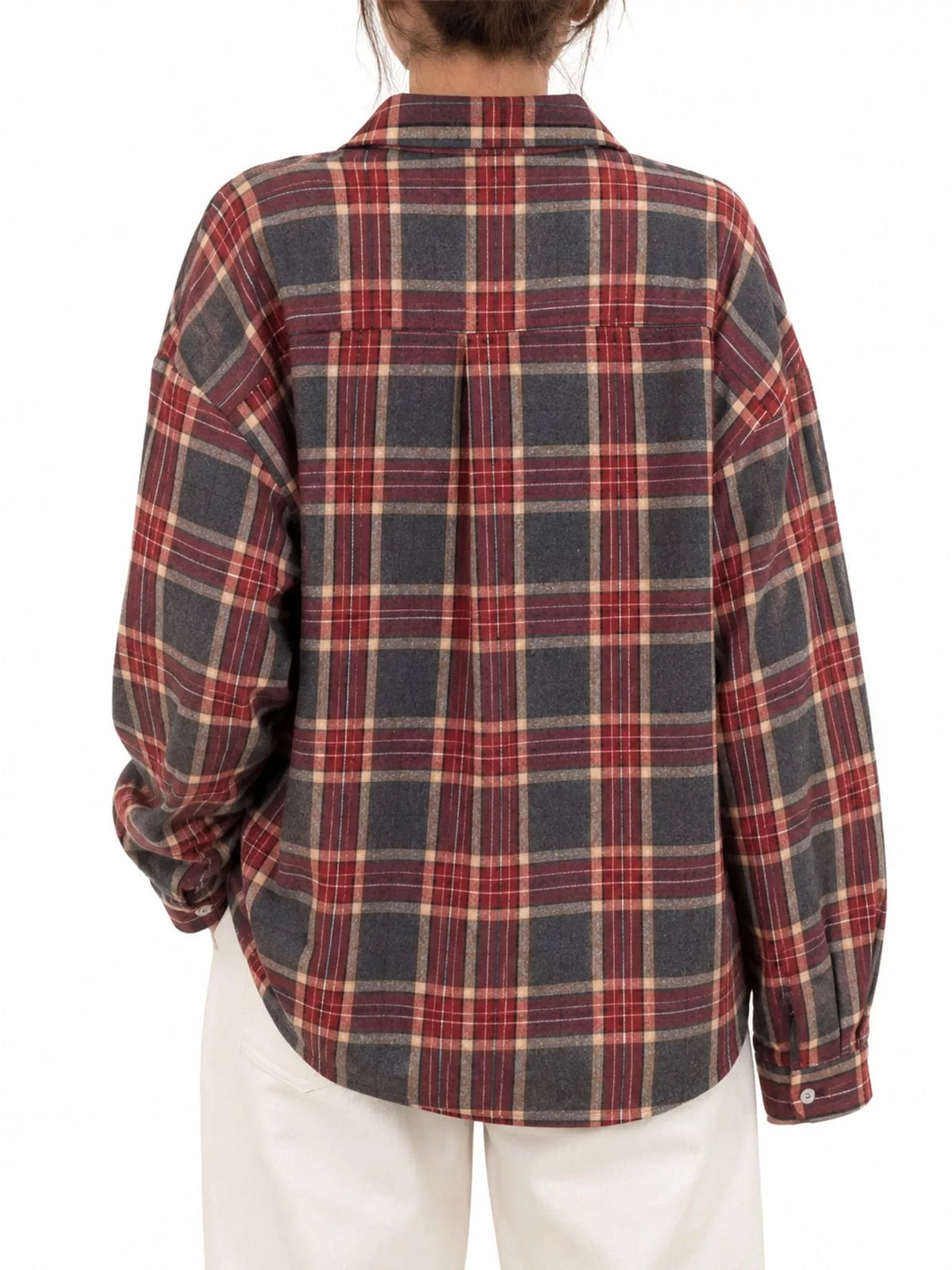 Red plaid button-up shirt with chest pockets, back view