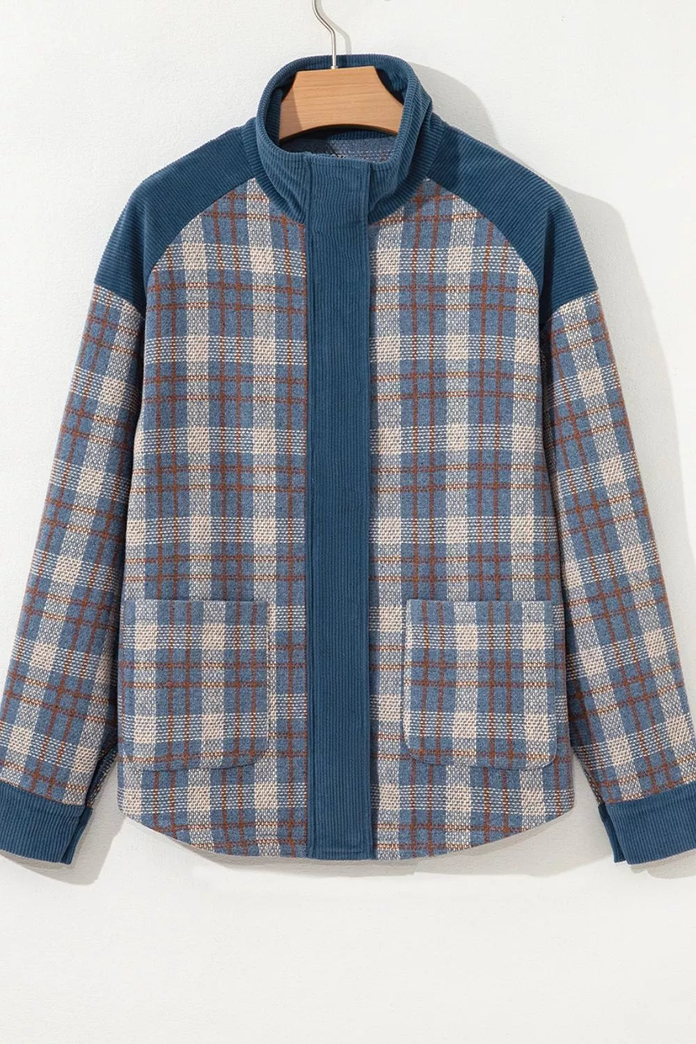 Trendsi Plaid Corduroy Patchwork Collared Zip Up Snap Button Jacket -