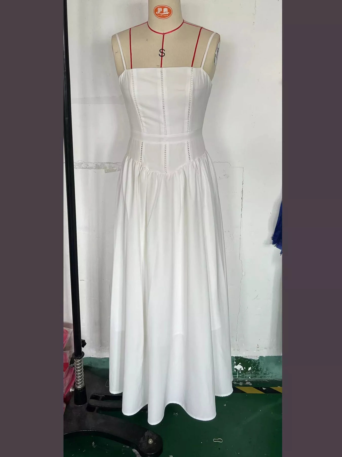 Women's Paneled Bodice Gathered Midi Dress in white — mannequin front view