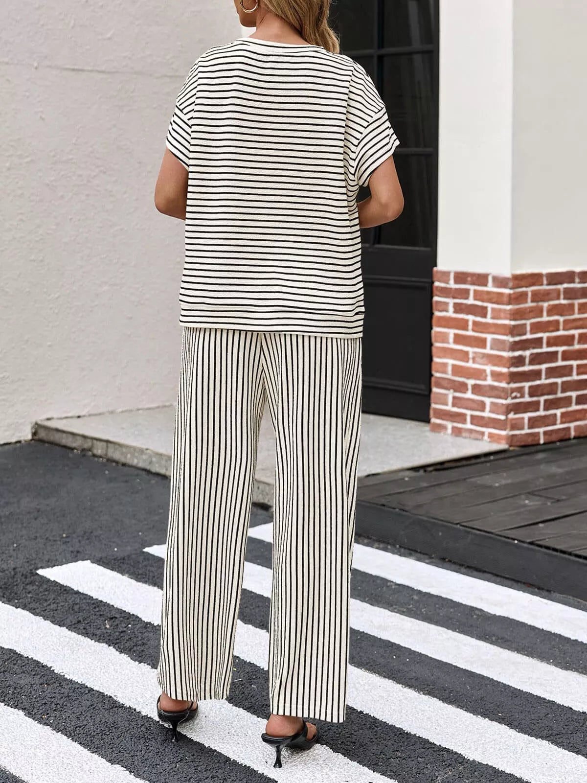 Trendsi Casual Striped Short Sleeve Top and Wide Leg Pants Two-Piece Set -