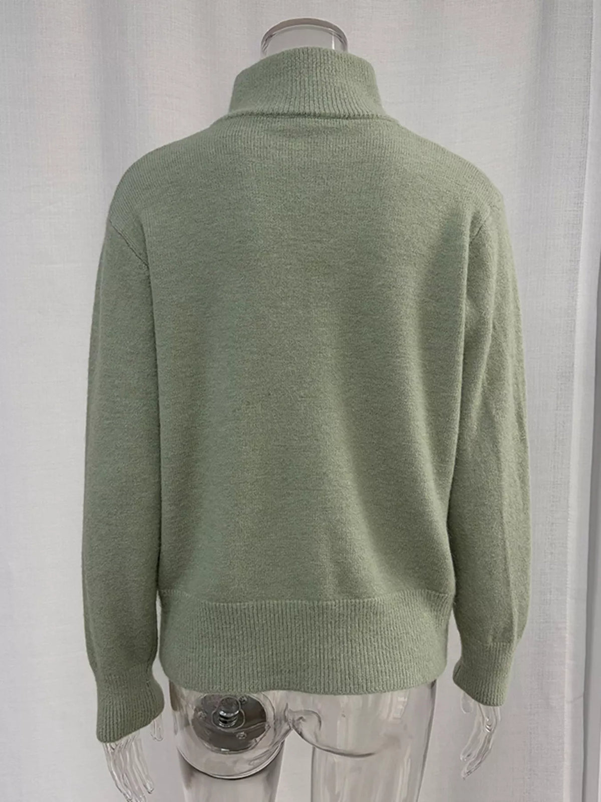Zip-up cardigan and midi skirt knit set in sage green, cardigan back view