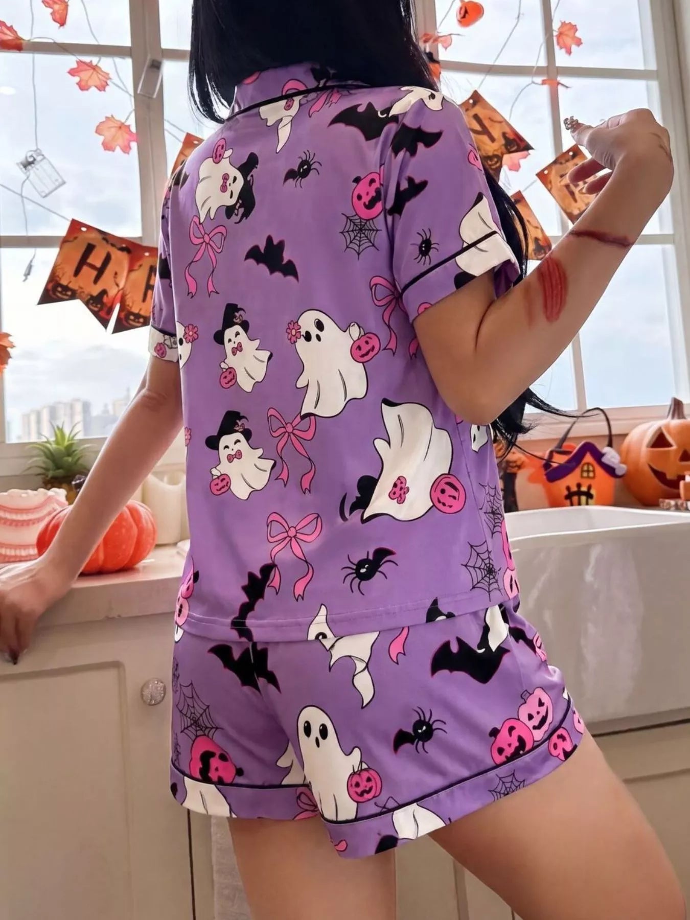 Trendsi Halloween Ghost Print Button-Down Top and Shorts Lounge Set -
