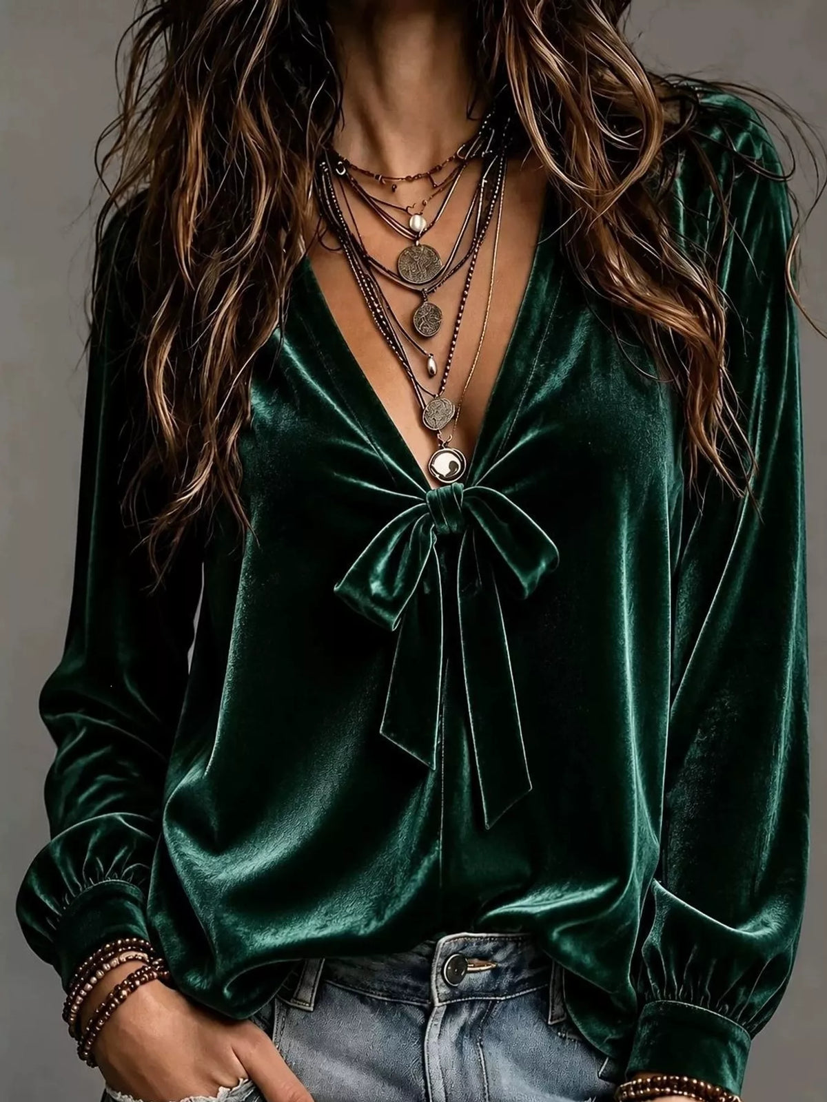 Dark green front bow-tie V-neck top
