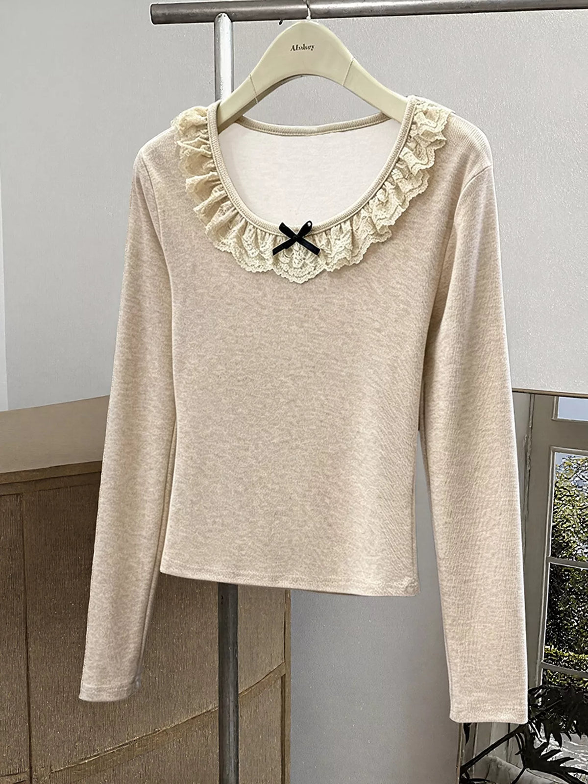 Oatmeal Color Lace Trim Long Sleeve T-Shirt side view