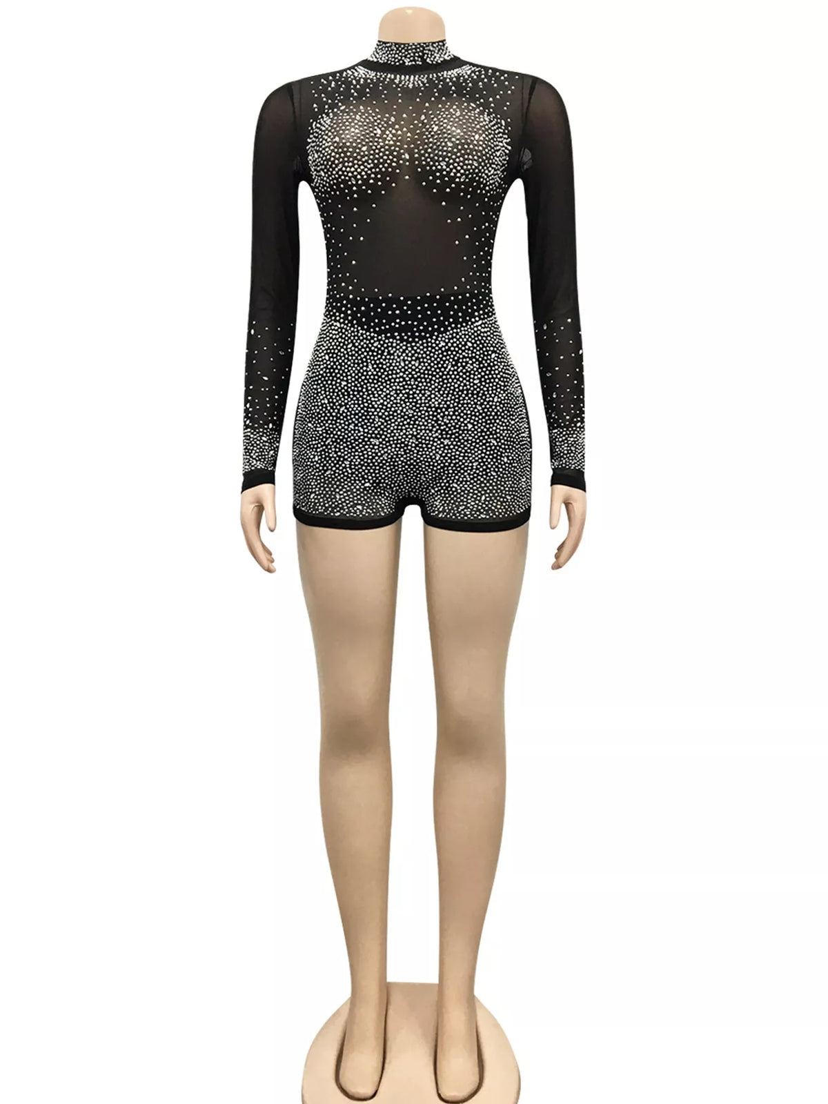 Sheer Rhinestone Embellished Long Sleeve Romper in black