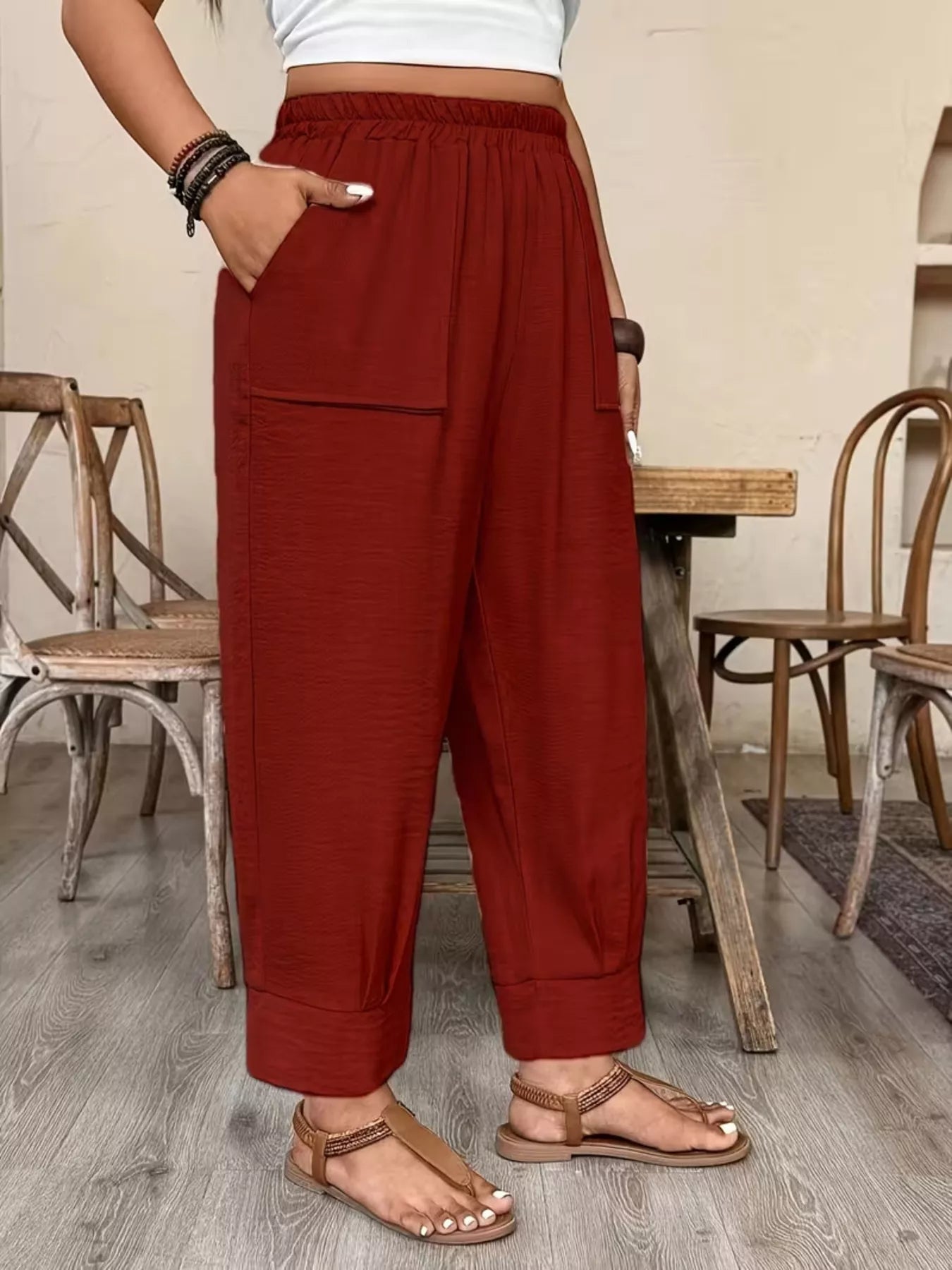 Trendsi Plus Size High-Waisted Elastic Waist Pants with Pockets -