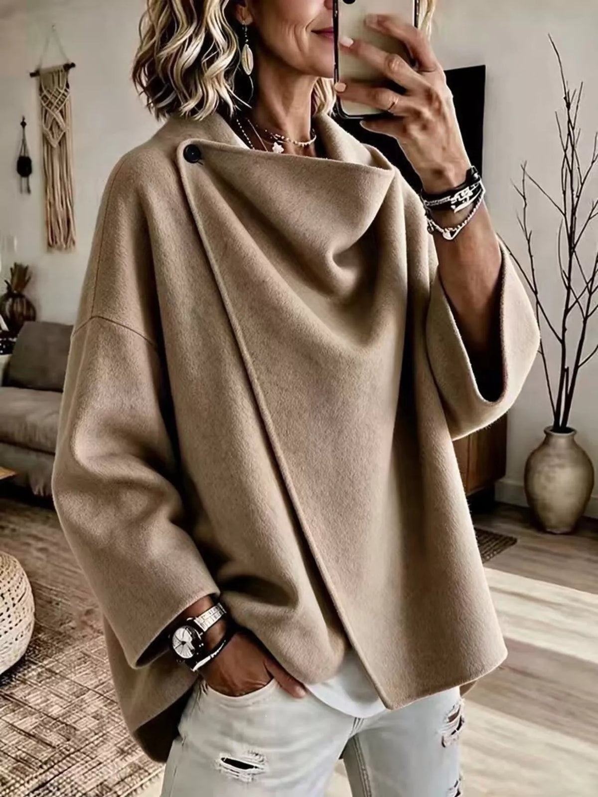 Taupe asymmetric cowl neck cape-style jacket