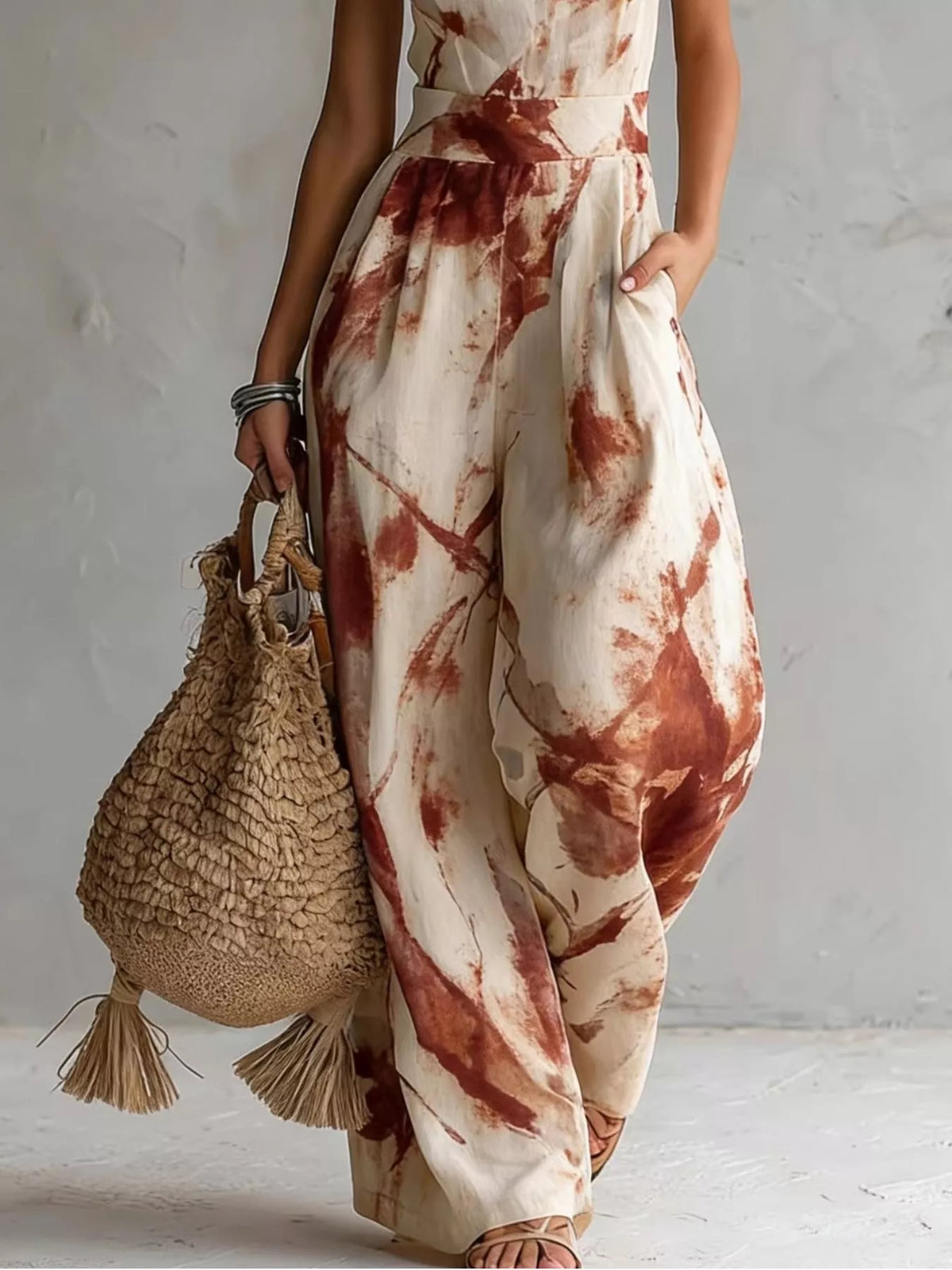 Burnt Coral Ink Wash Print Halter Neck Wide-Leg Jumpsuit back view