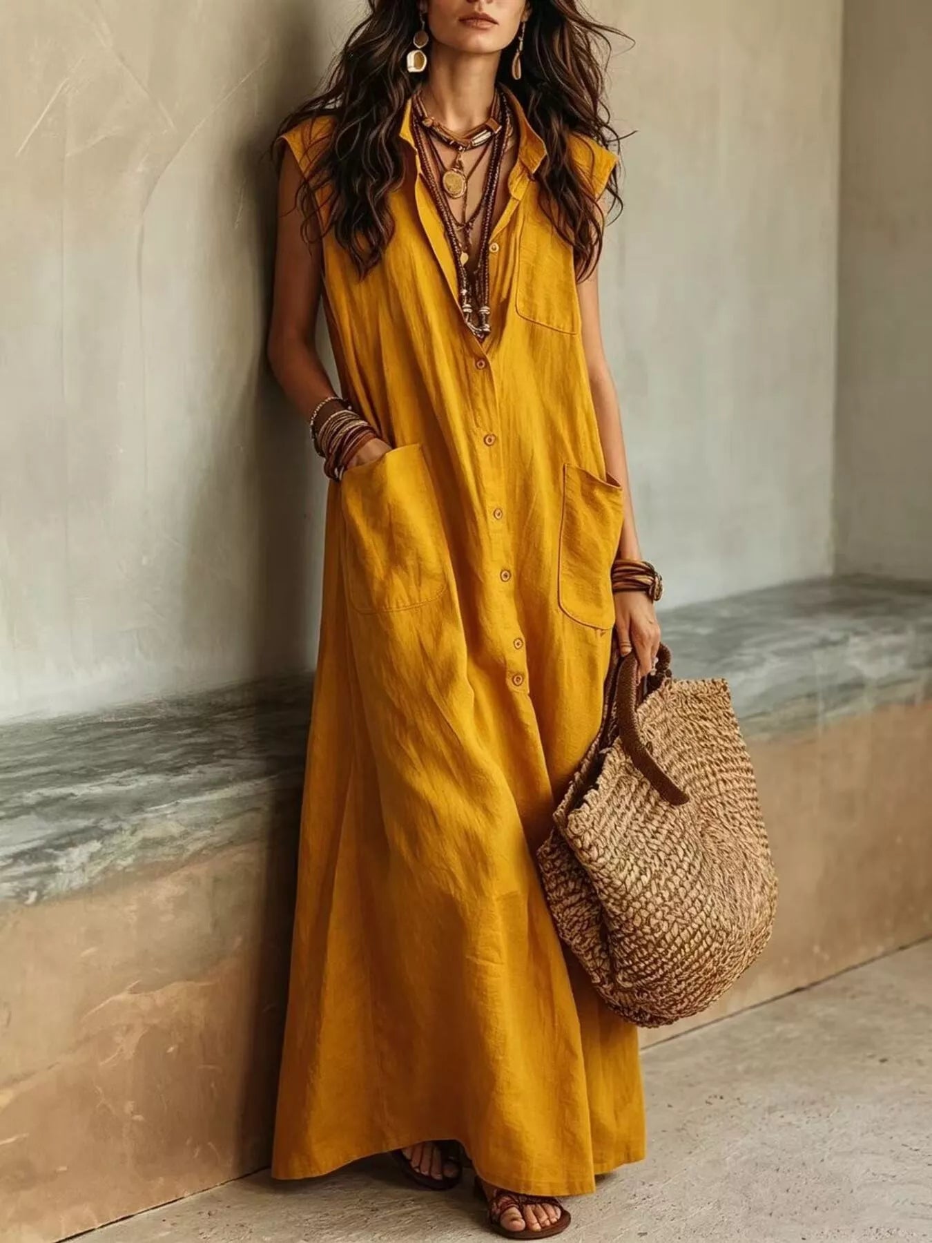 Trendsi Sleeveless Button-Down Linen Maxi Dress -