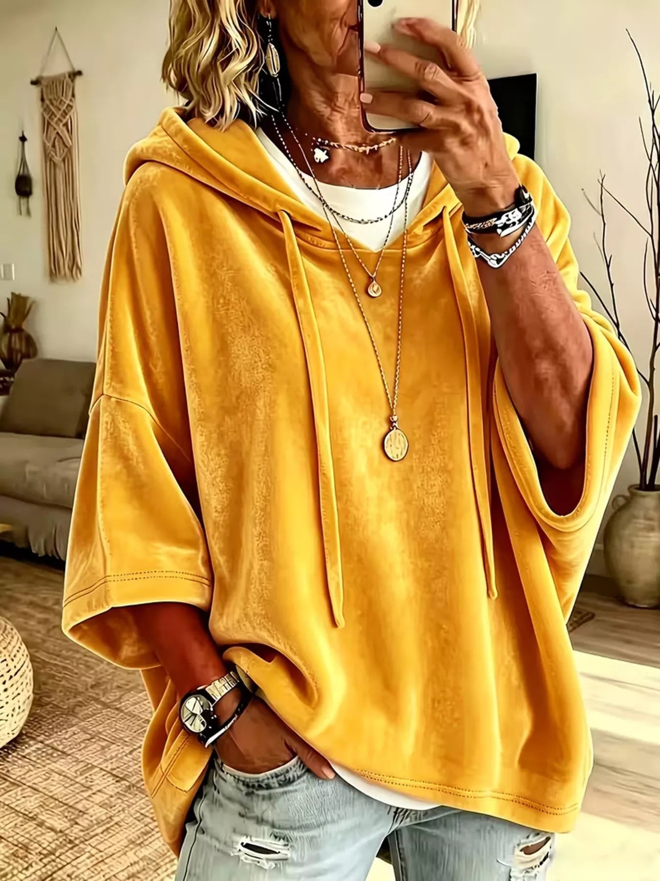 Trendsi Velvet Loose Fit Hoodie with Drawstring -