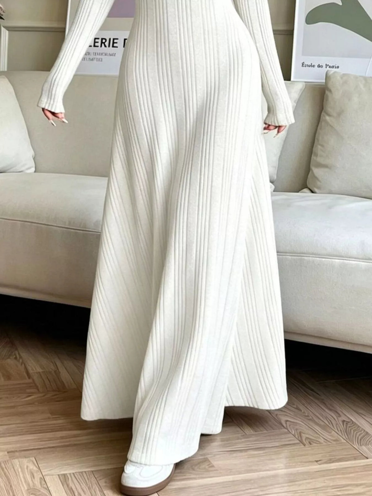 White ribbed long-sleeve dress, skirt detail