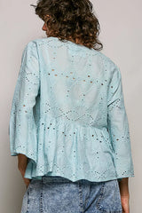 Trendsi POL Eyelet Embroidery Peplum Button Front Cotton Shirt -