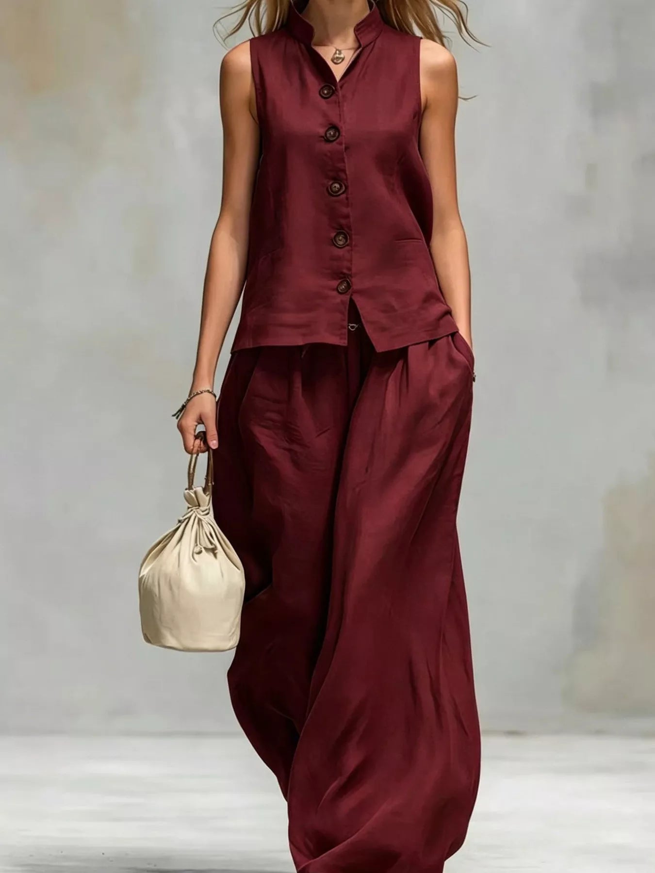 Trendsi Sleeveless Button-Down Top and Wide-Leg Pant Set -