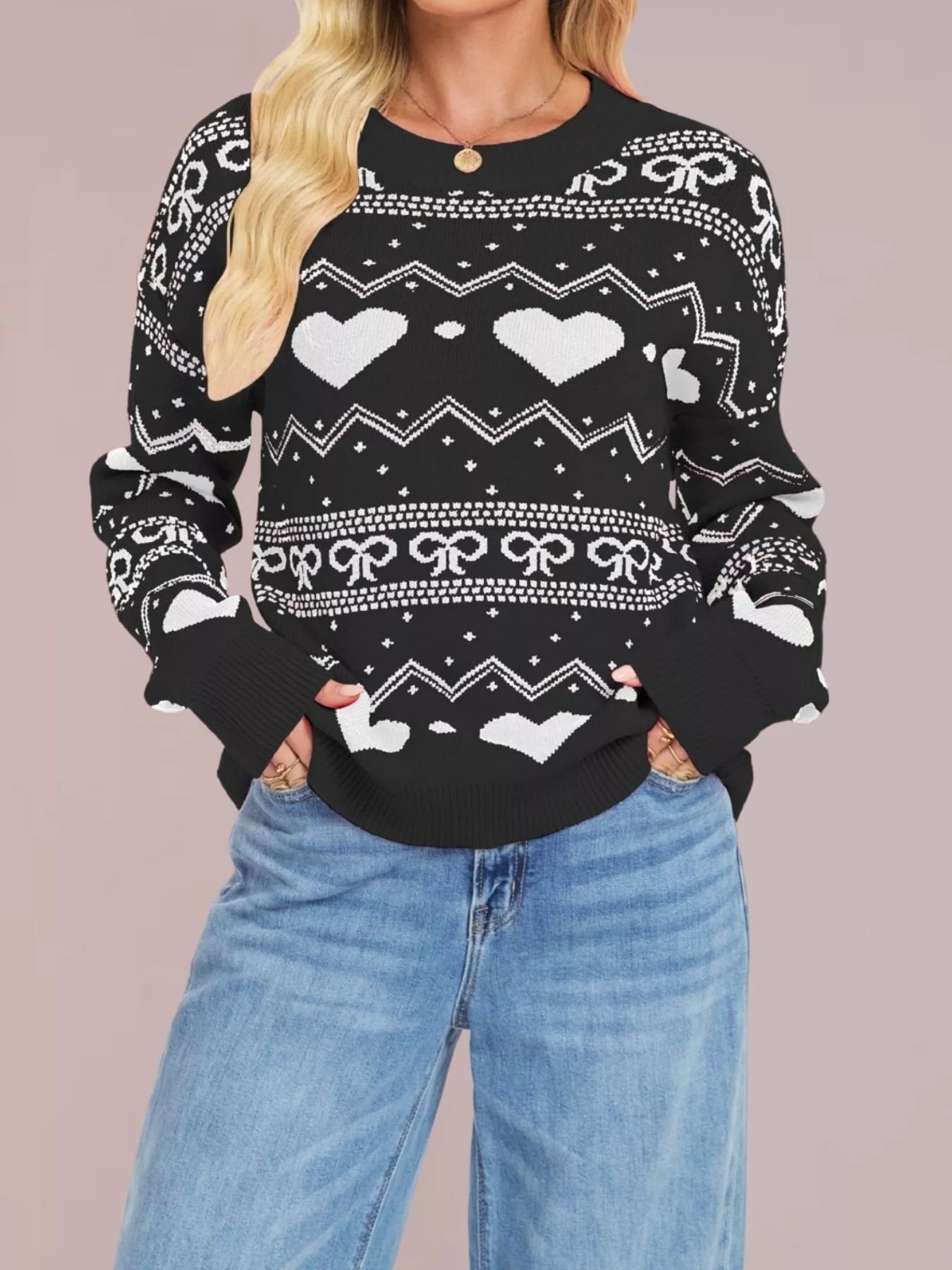 Trendsi Heart Pattern Dropped Shoulder Sweater -