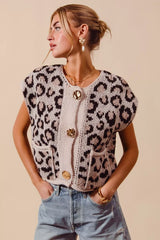 Trendsi SO ME Big Metal Button Front Leopard Sweater Vest Top -