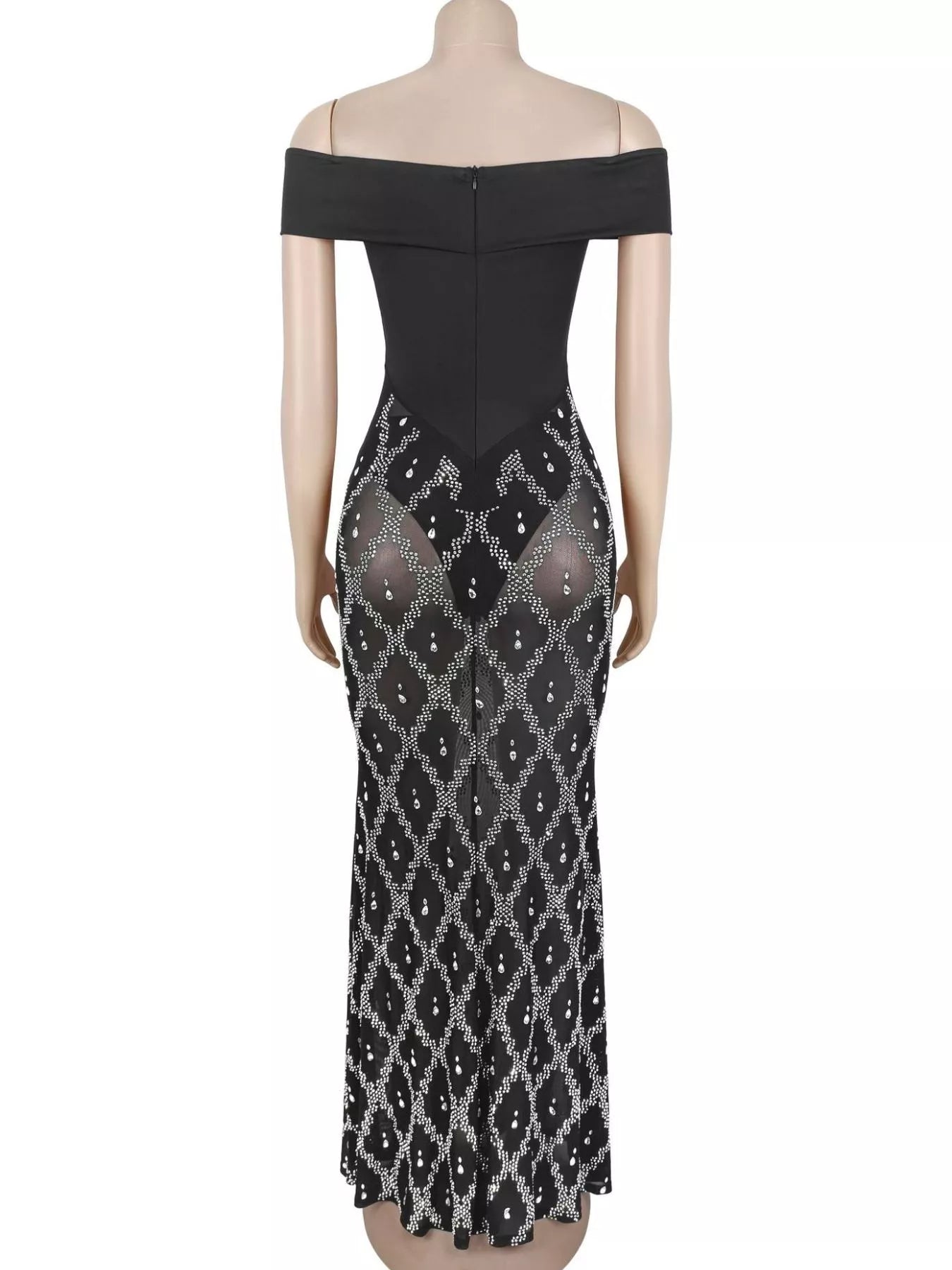 Trendsi Off-Shoulder Sheer Rhinestone Embellished Maxi Dress -