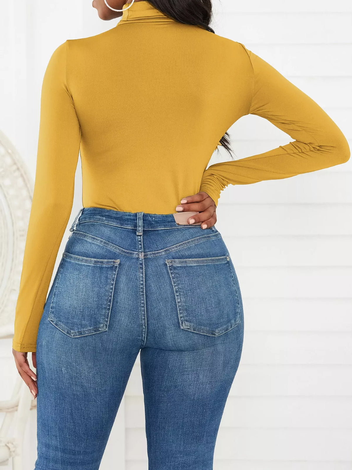 Long Sleeve Turtleneck Slim-Fit Bodysuit, back view in yellow