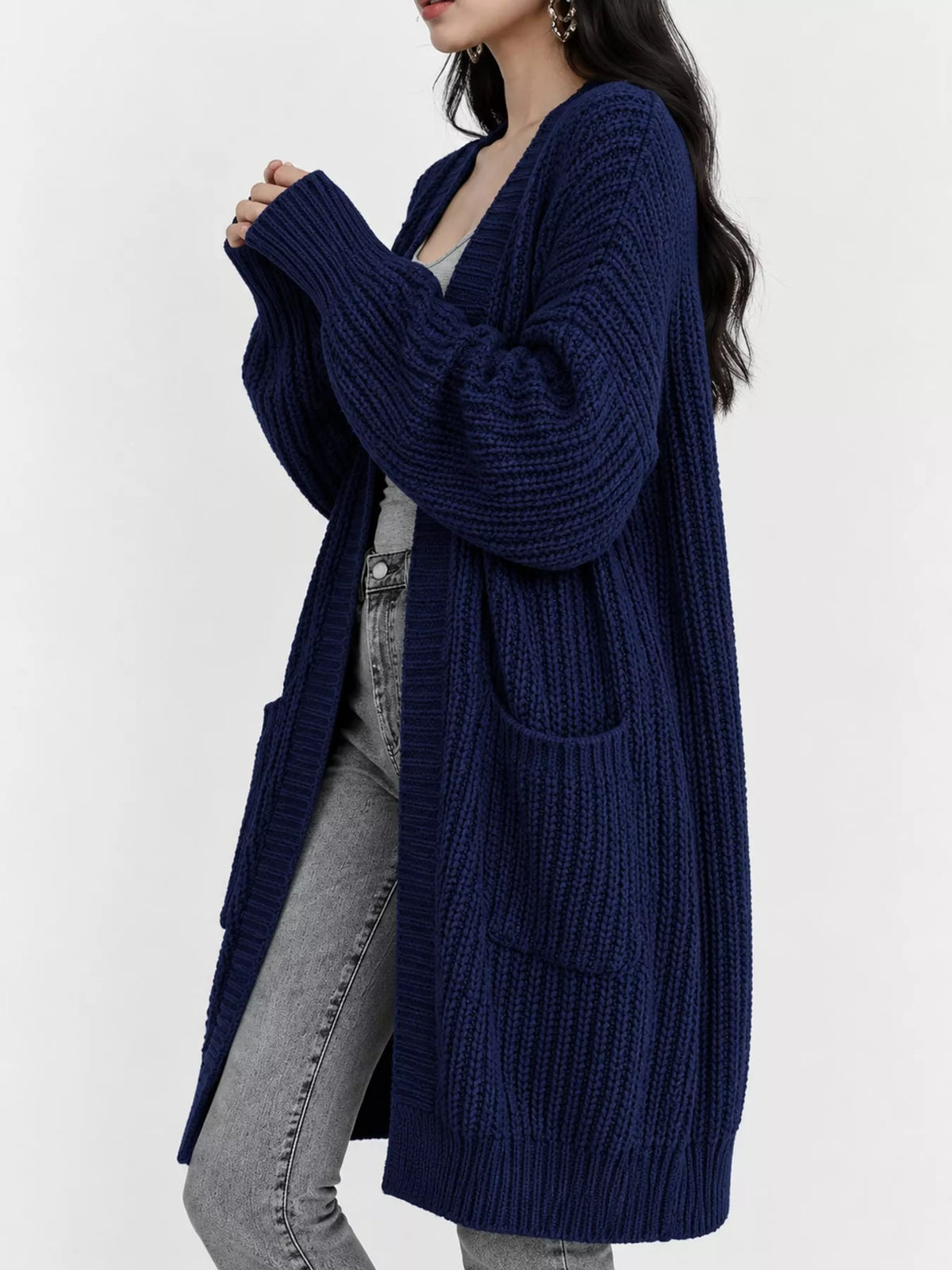 Longline knit cardigan, navy side
