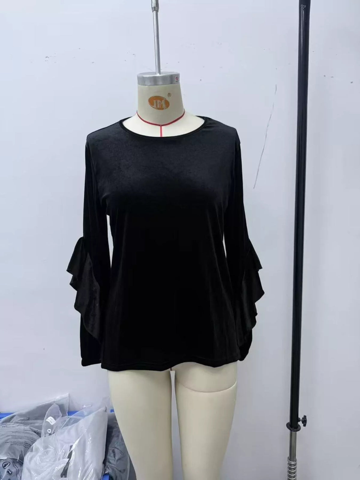 Women's Velvet Round Neck Ruffle Sleeve Top in Burgundy, alternate view