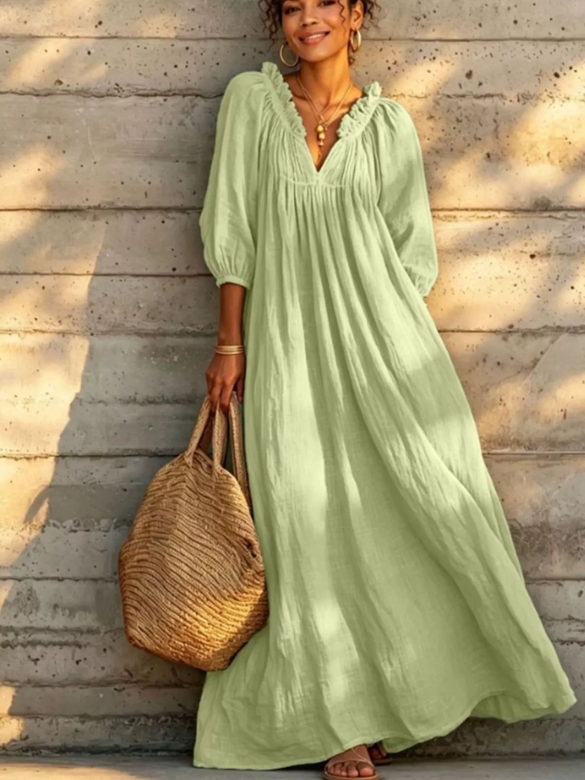 Light green tiered notched 3/4 sleeve maxi dress