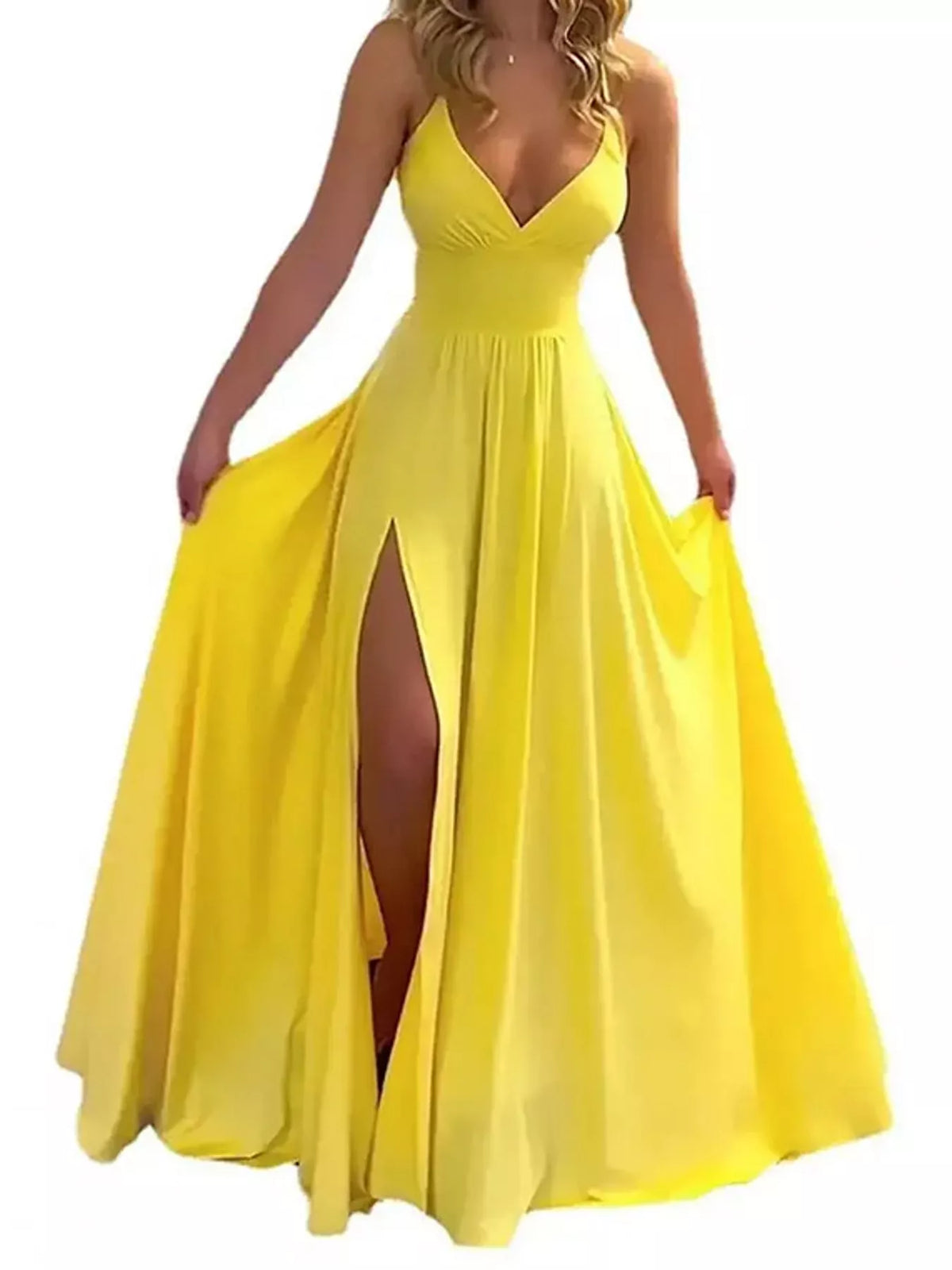 Yellow sleeveless high slit maxi dress, front view