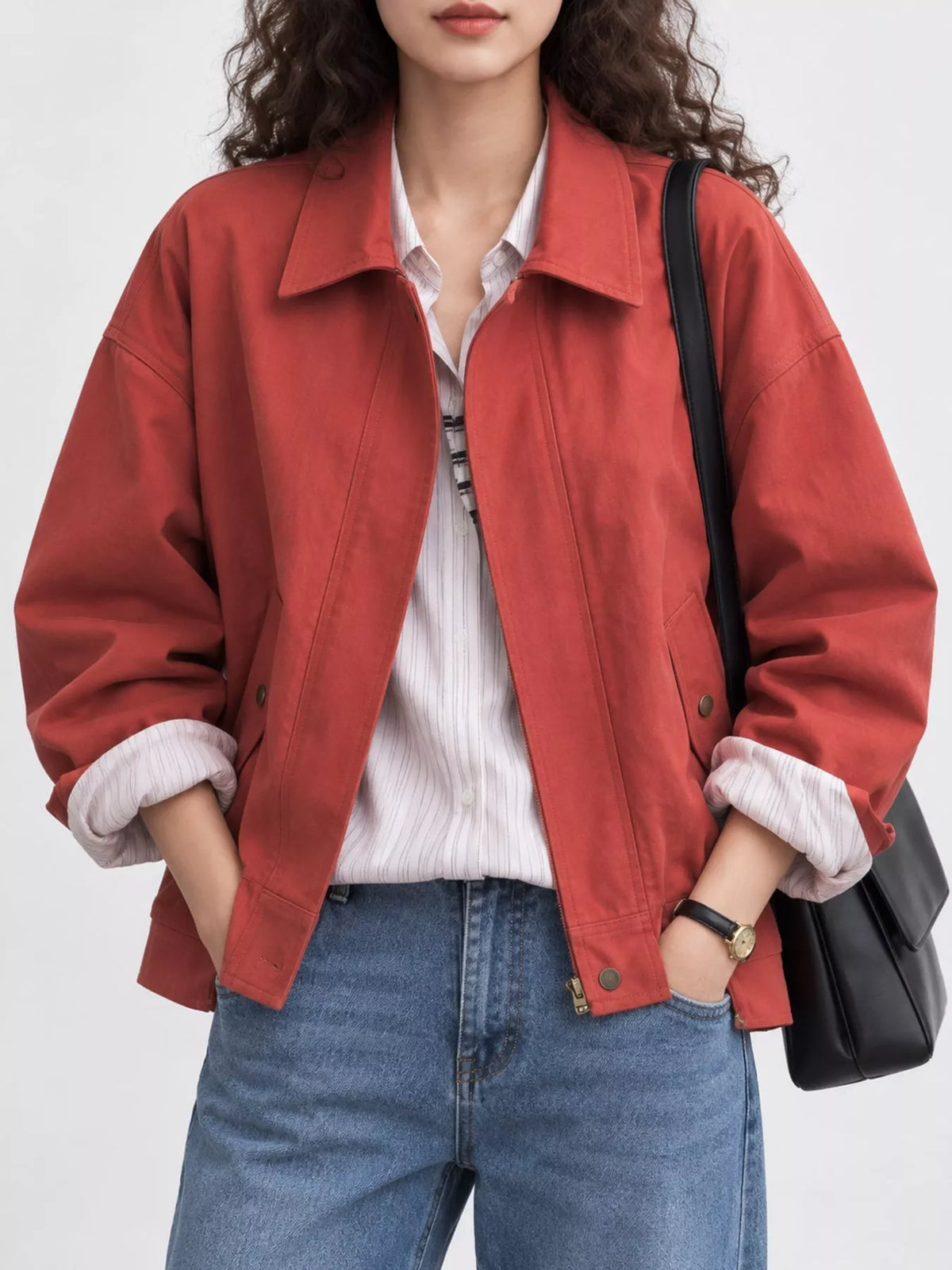 Red zip-up dropped shoulder jacket, front view