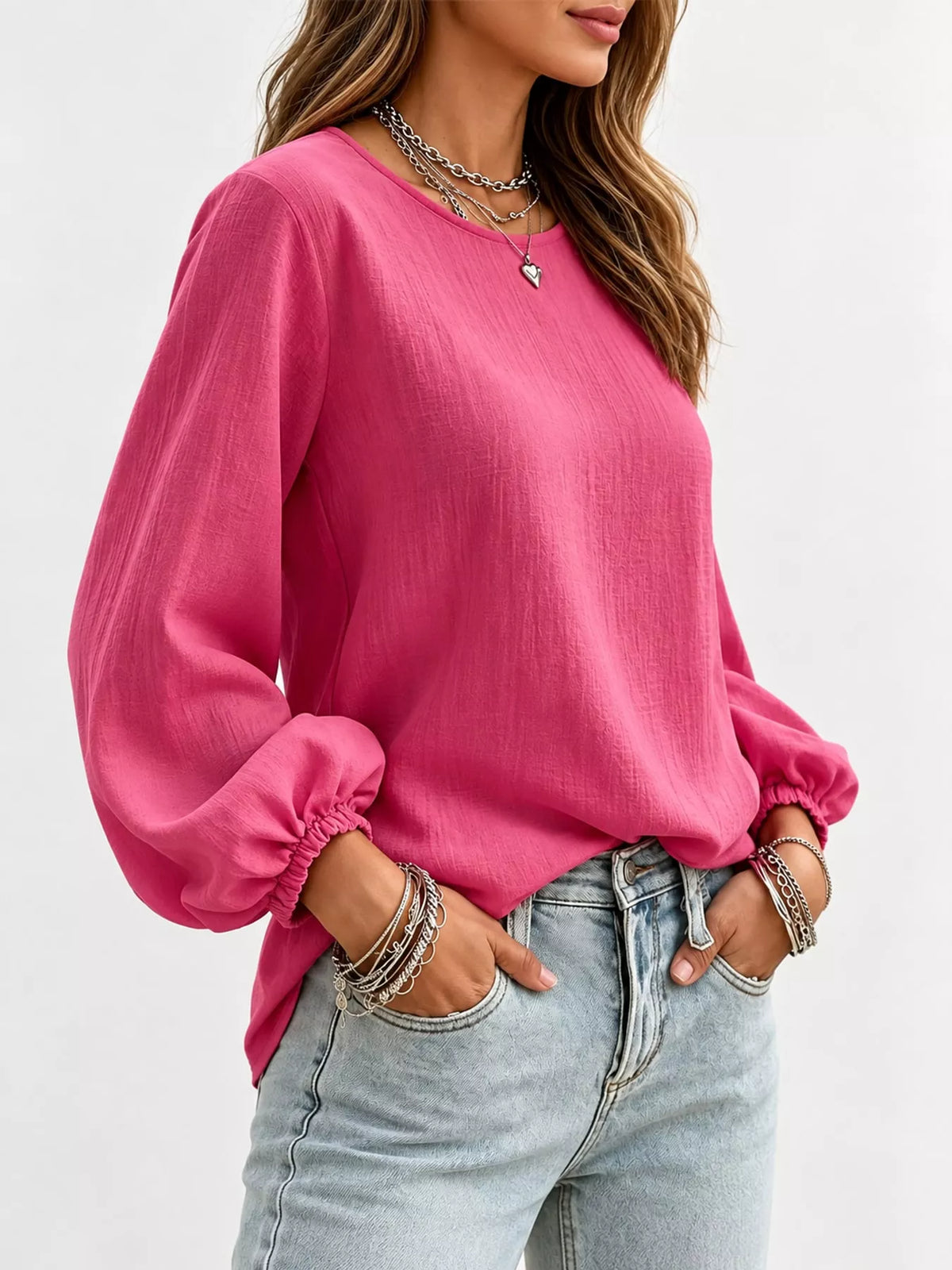 Elastic-cuff blouse, pink side