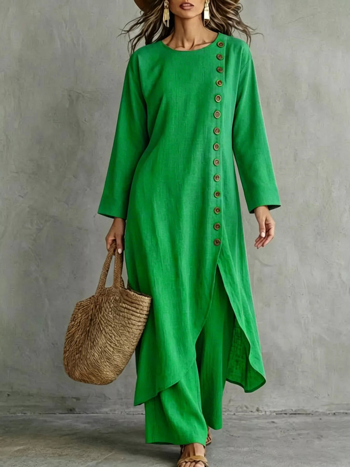 Green longline top and pants set, front view
