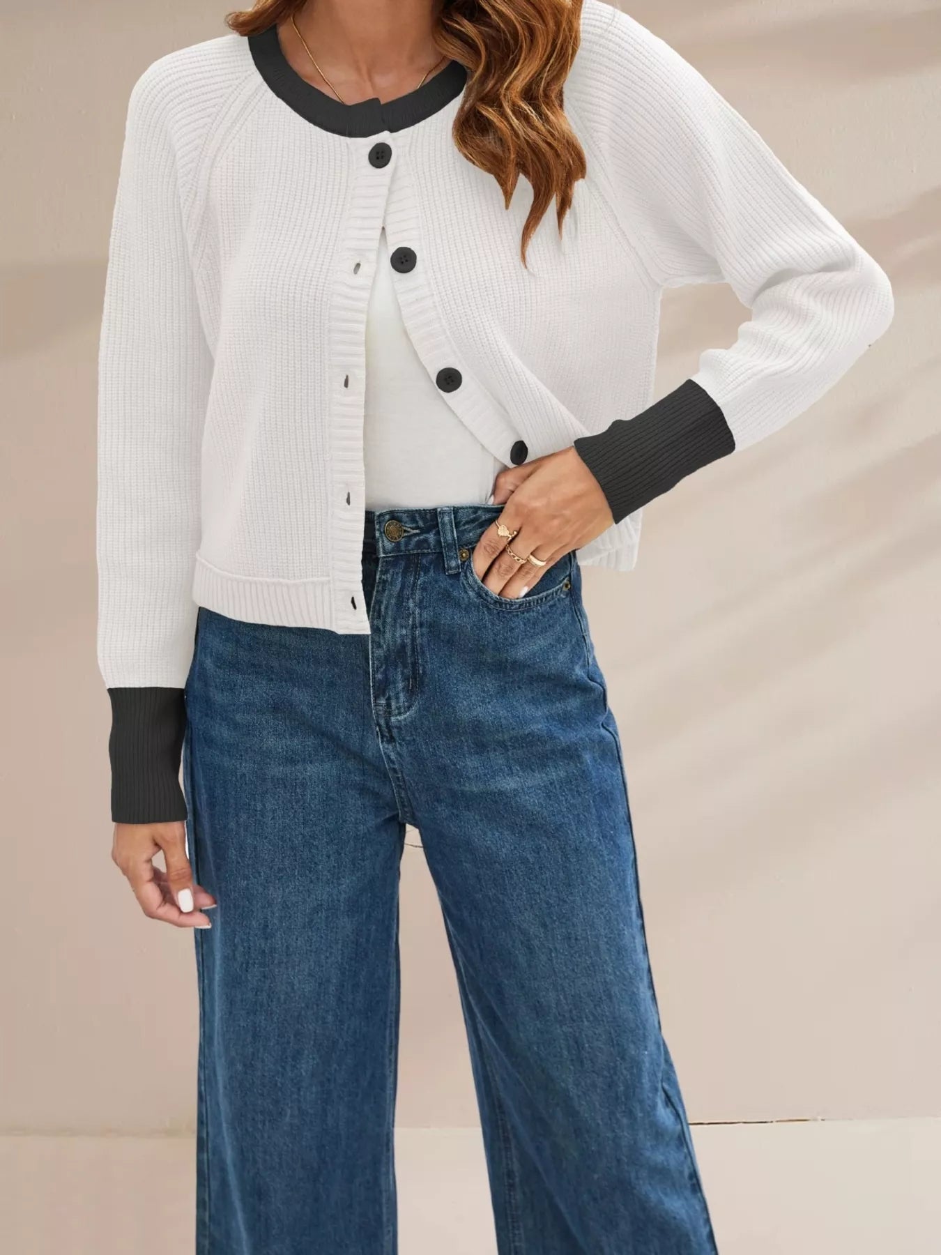 Trendsi Color Block Ribbed Knit Button-Front Cardigan -