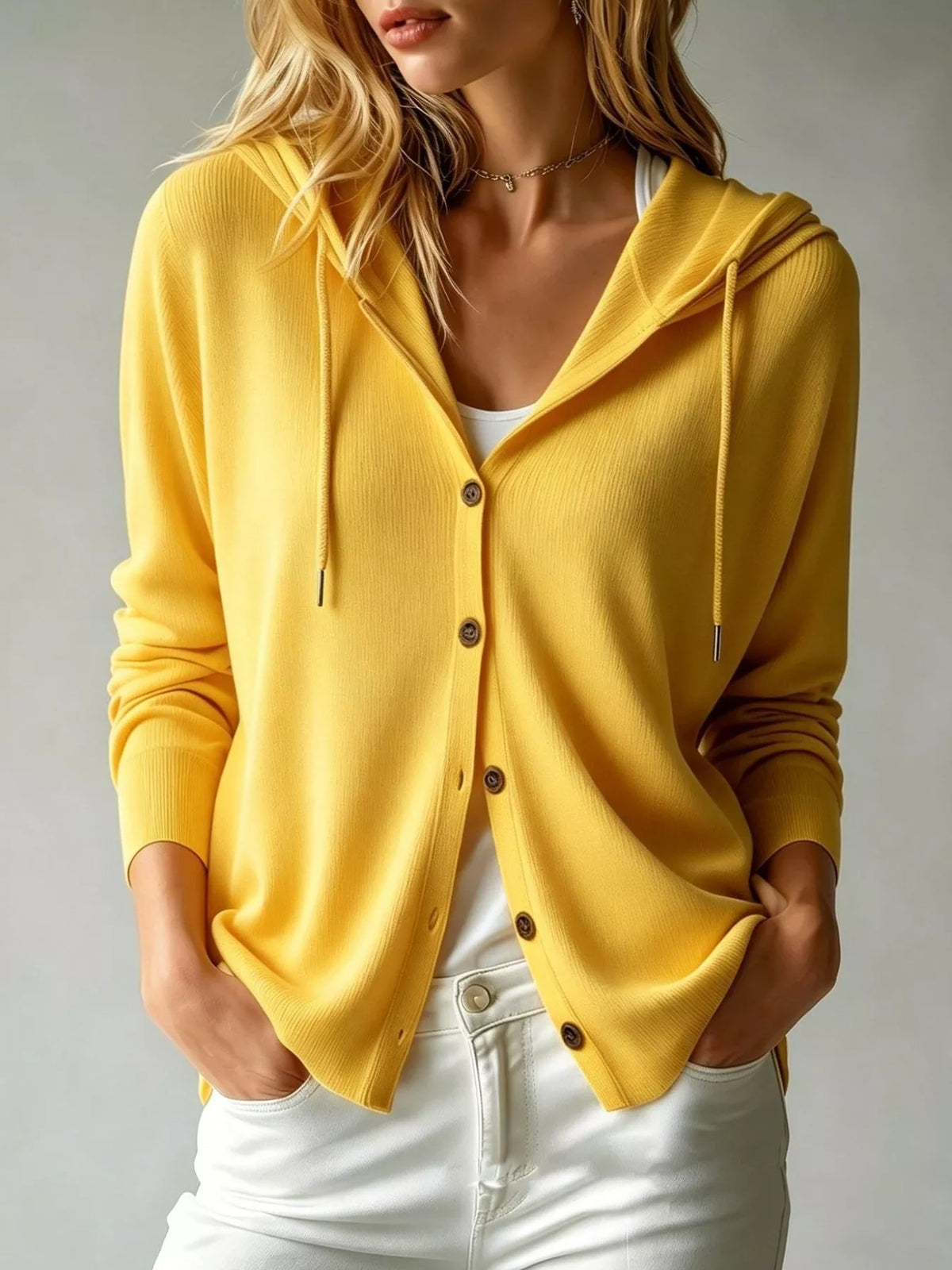 Lemon Yellow Drawstring-Hood Button-Down Cardigan with Pockets front lifestyle view