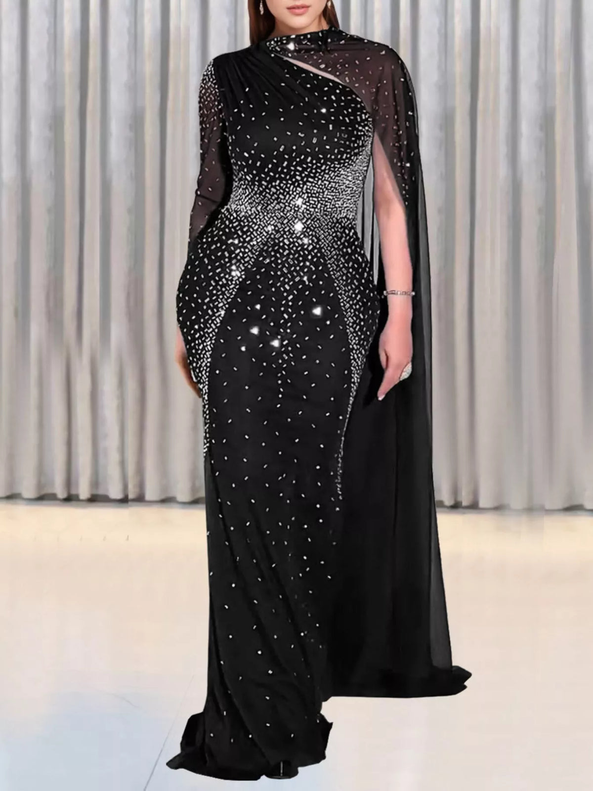 Trendsi Rhinestone Embellished Cape Maxi Dress -