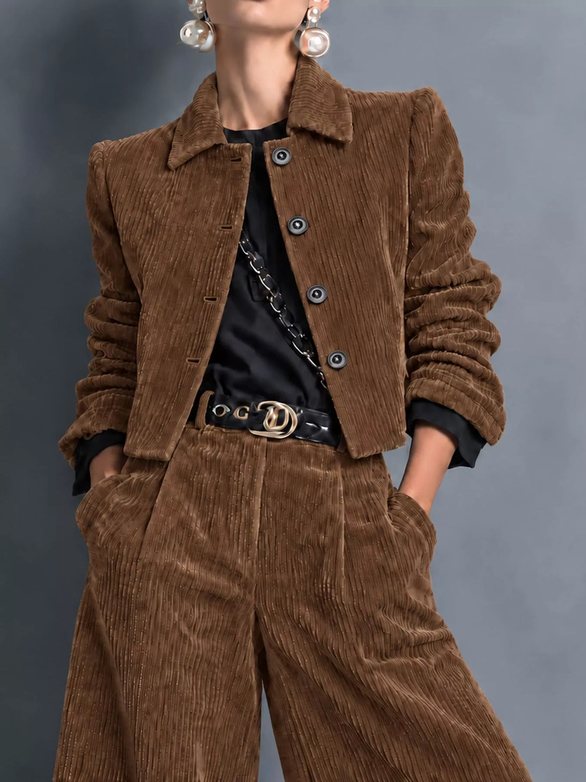 Corduroy Button Up Blazer and Pants Set in brown