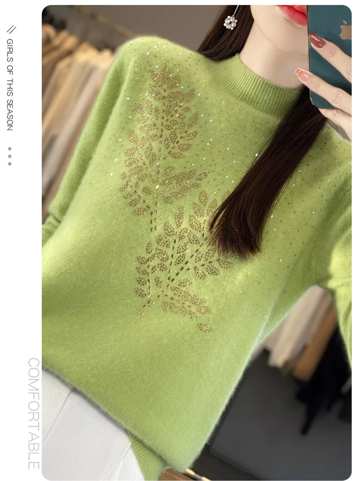 Rhinestone Leaf Mock Neck Sweater — front view