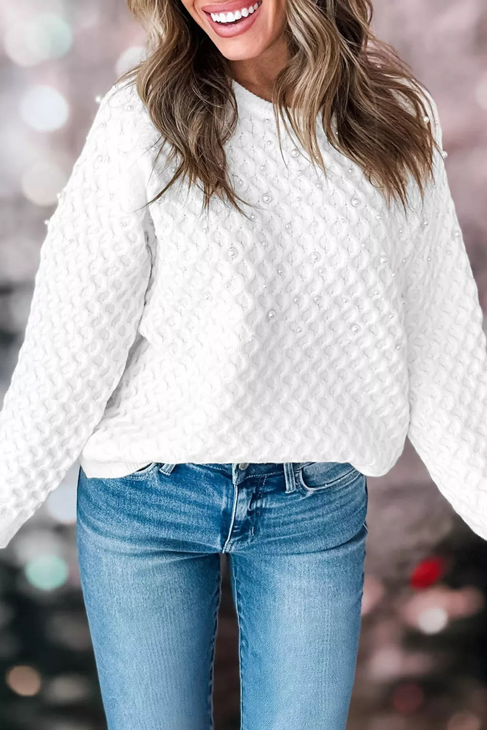 Trendsi Solid Textured Knit Pearl Embellished Pullover Sweater -