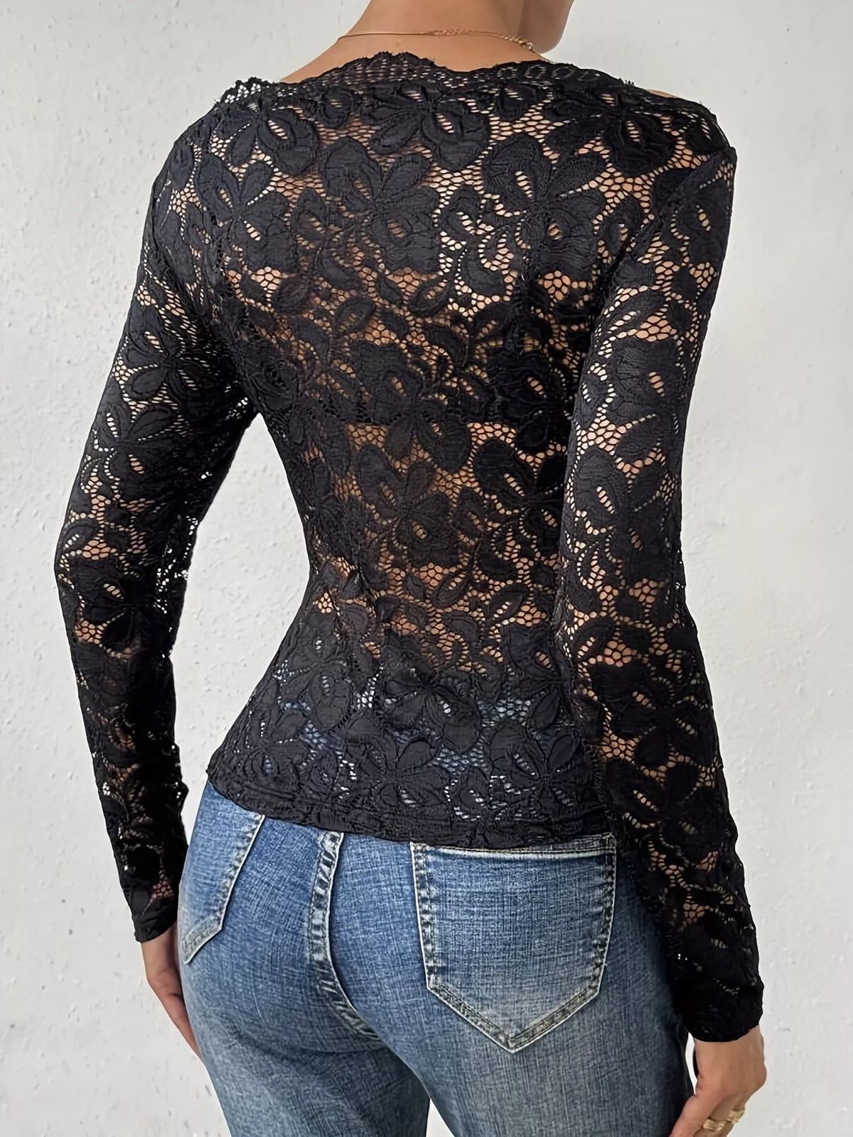 Lace Long Sleeve Slim-Fit T-Shirt — back view