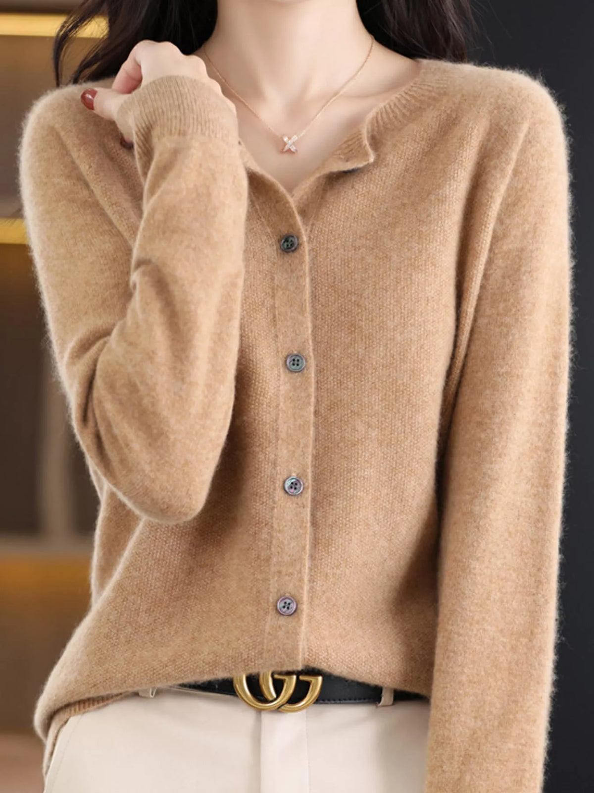 Round neck long sleeve cardigan, front view on model