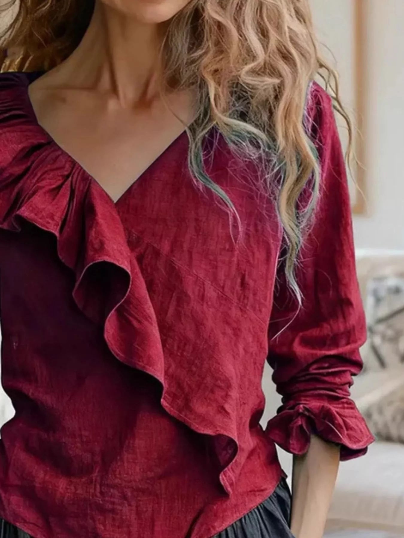 Trendsi V-Neck Ruffled Long Sleeve Blouse -