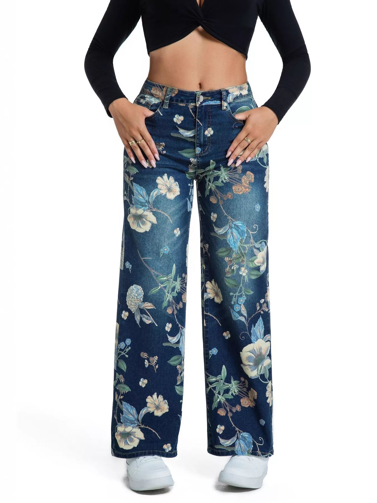 High-Waisted Floral Print Wide-Leg Jeans, front view