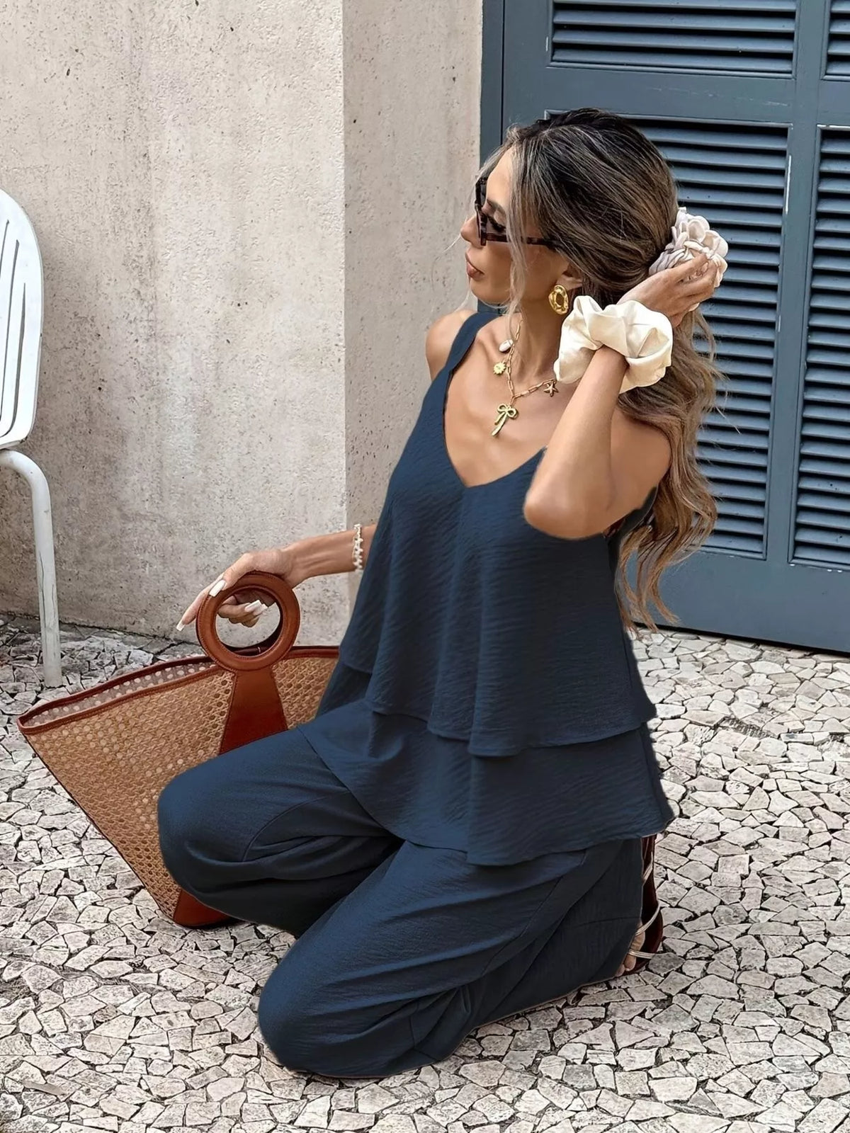 Trendsi V-Neck Top and Wide-Leg Pants Set -