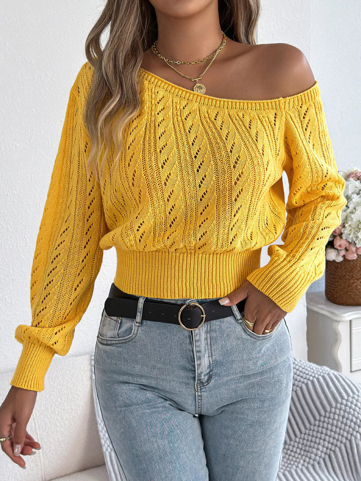 Yellow openwork one shoulder sweater