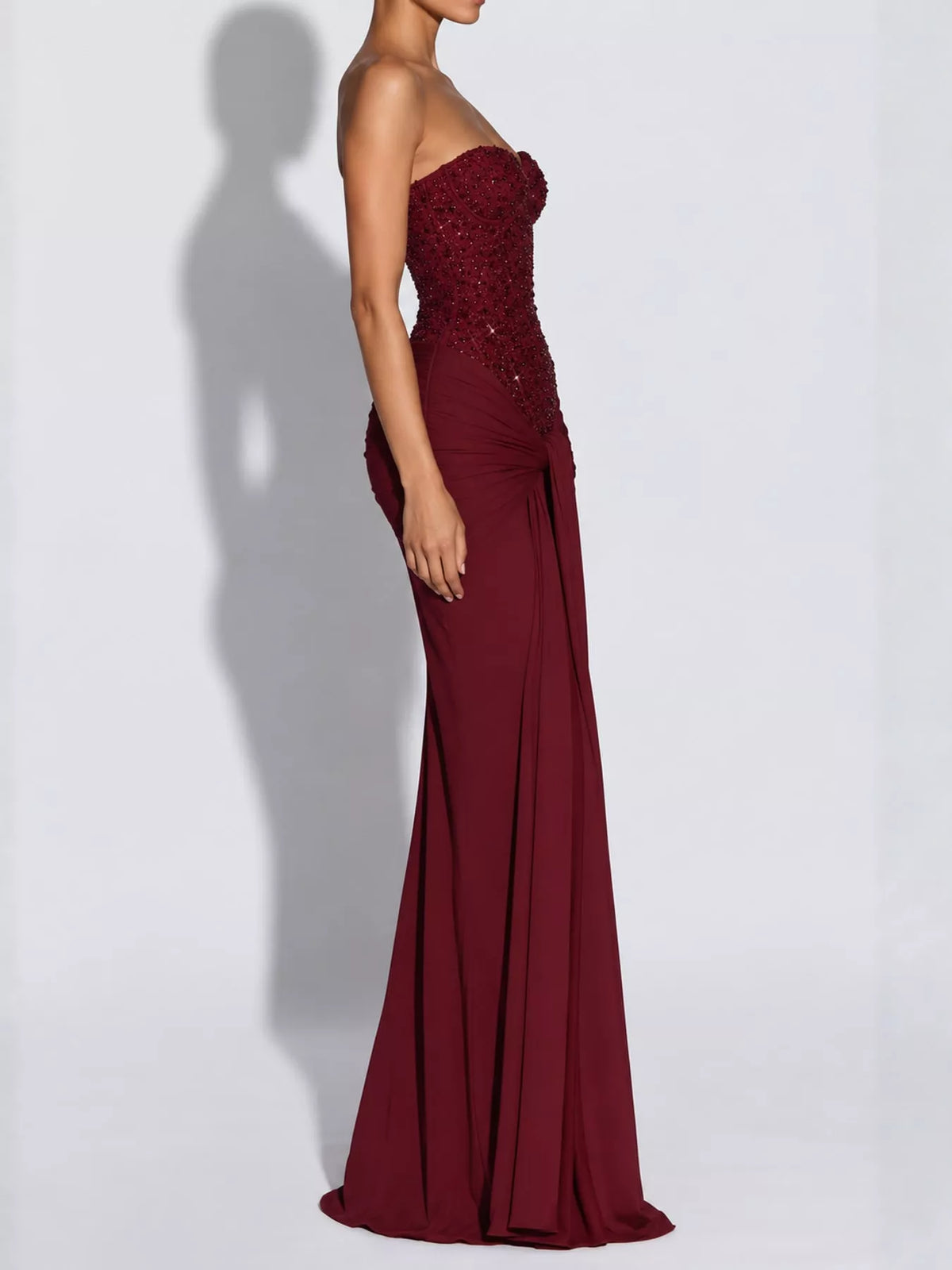 Strapless Sequin Corset Maxi Dress, side view