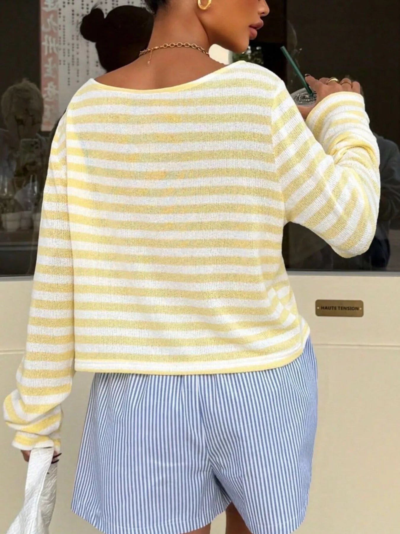 Trendsi Striped Boat Neck T-Shirt -