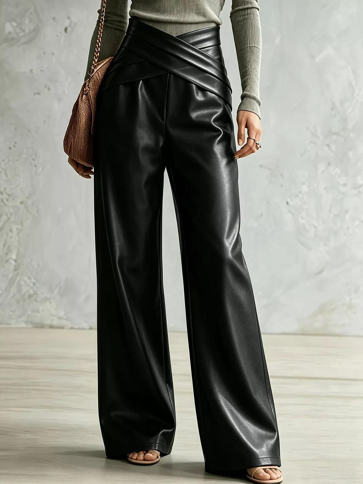 Black Crisscross-Waist Wide-Leg Pull-On Pants front view