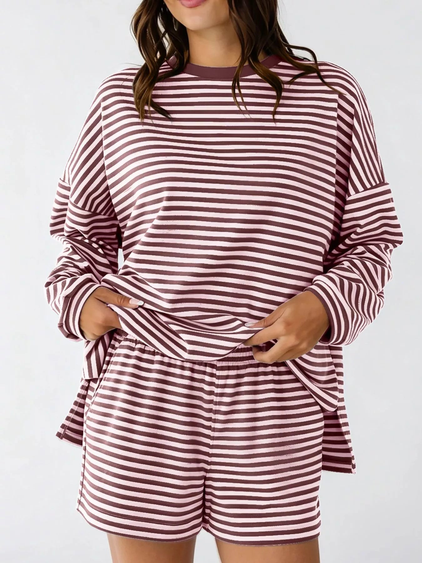Trendsi Casual Striped Long Sleeve Top and Shorts Set -