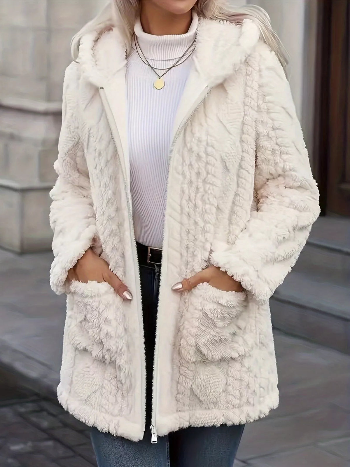 Ivory faux fur hooded zip-up jacket