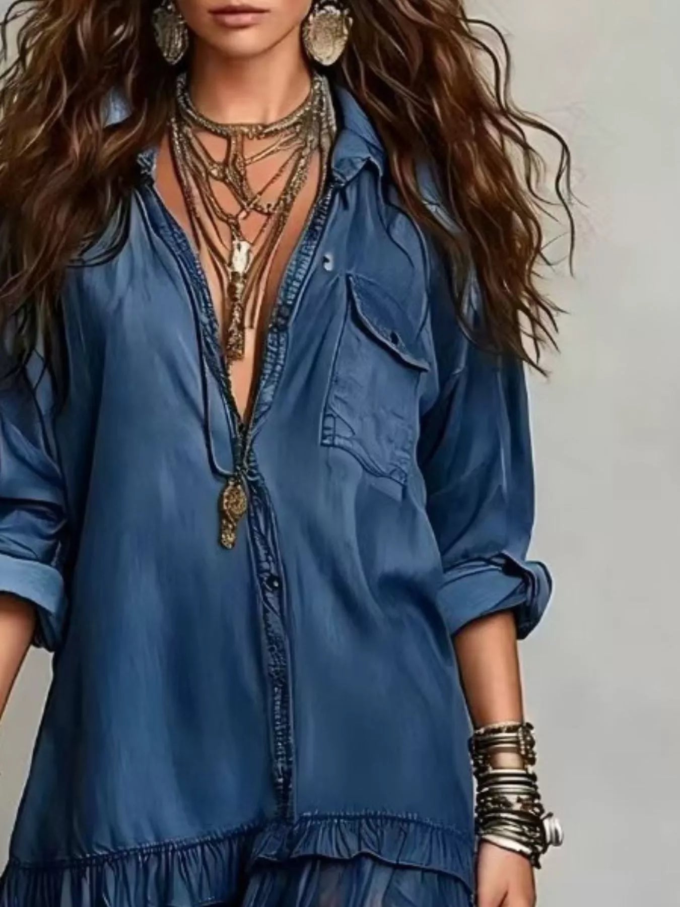 Trendsi Full Size Tiered Long Sleeve Denim Shirt Maxi Dress Plus Size -